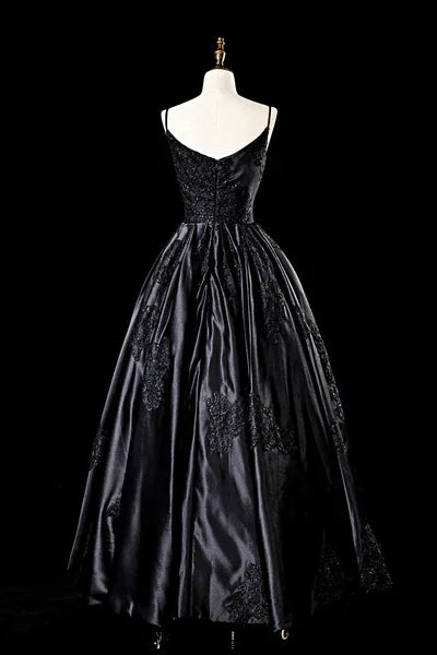 Vestido de Noiva Preto em Cetim Sedutor com Alças Finas, Modelo Linha A, Vestido de Festa para Noite, Vestido Formal de Baile Y7545