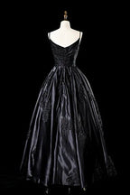Vestido de Noiva Preto em Cetim Sedutor com Alças Finas, Modelo Linha A, Vestido de Festa para Noite, Vestido Formal de Baile Y7545