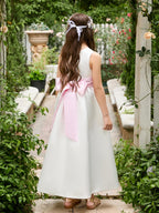 Ivory Satin Flower Girl Ball Gown Ankle Length Dress With Sash