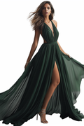 Vestido de cerimónia em chiffon com abertura frontal, sem mangas, com gola halter e costas descobertas