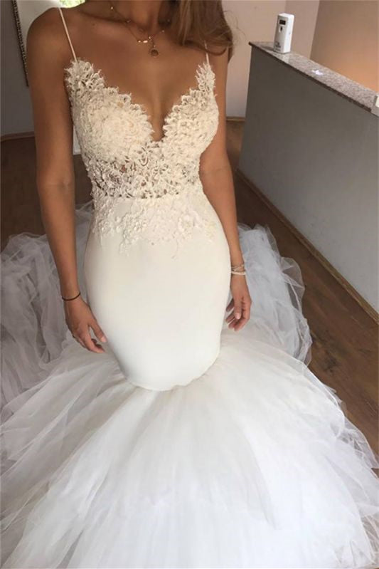Spaghetti Strap Mermaid Wedding Dress With Appliques And Train