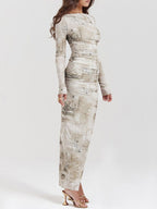 Lange Ärmel, schmal, bedruckt, mit Schlitz am Rücken, geteilter Schnitt, Rundhalsausschnitt, Abendkleider, Maxikleider 