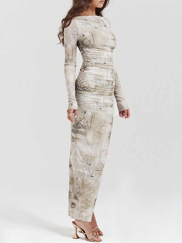 Lange Ärmel, schmal, bedruckt, mit Schlitz am Rücken, geteilter Schnitt, Rundhalsausschnitt, Abendkleider, Maxikleider 