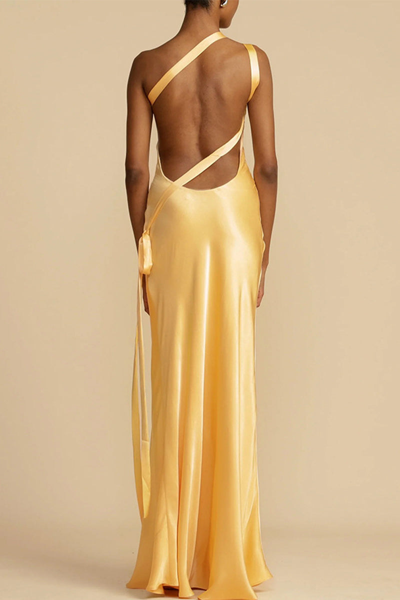 Elegante formelle, einfarbige, rückenfreie Abendkleider mit schrägem Kragen 