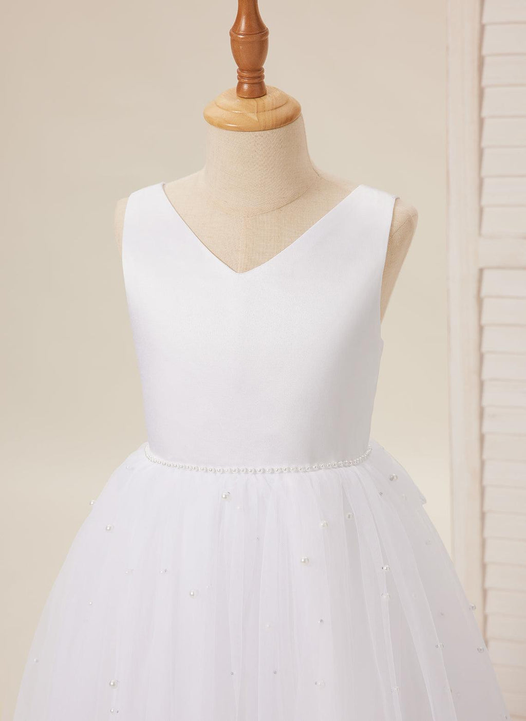 Floor Length V Neck Satin Tulle Princess Flower Girl Dress