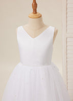 Floor Length V Neck Satin Tulle Princess Flower Girl Dress