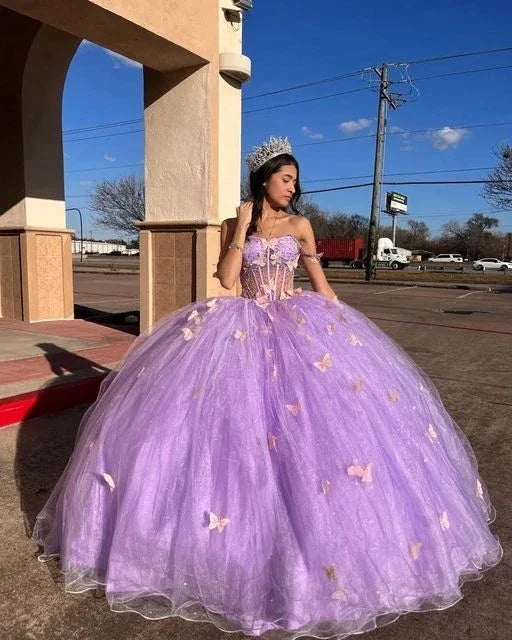 Robe de princesse en tulle violet éclatant avec papillons, robe de bal, robe de seize ans Y5463