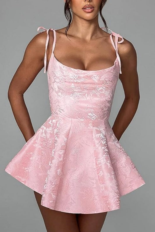 A-Linie Kurzes Homecoming-Kleid Spaghettiträger Satin Ärmelloses Partykleid Jacquard Partykleider