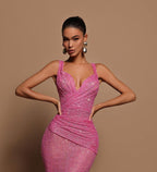 Sexy Pink Long Sequined Prom Dress V Neck Mermaid Sleeveless