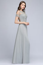 BMbridal Short Sleeve Lace Appliques Chiffon A Line Floor Length Prom Dress