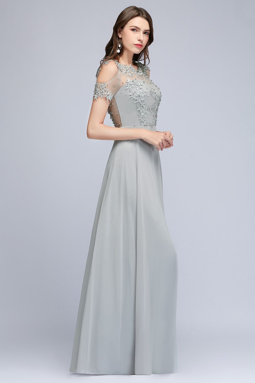 BMbridal Short Sleeve Lace Appliques Chiffon A Line Floor Length Prom Dress