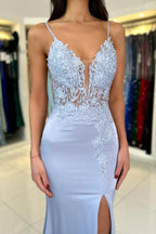 Mermaid Satin Lace Prom Dress With V Neck Spaghetti Straps Sleeveless With Slit