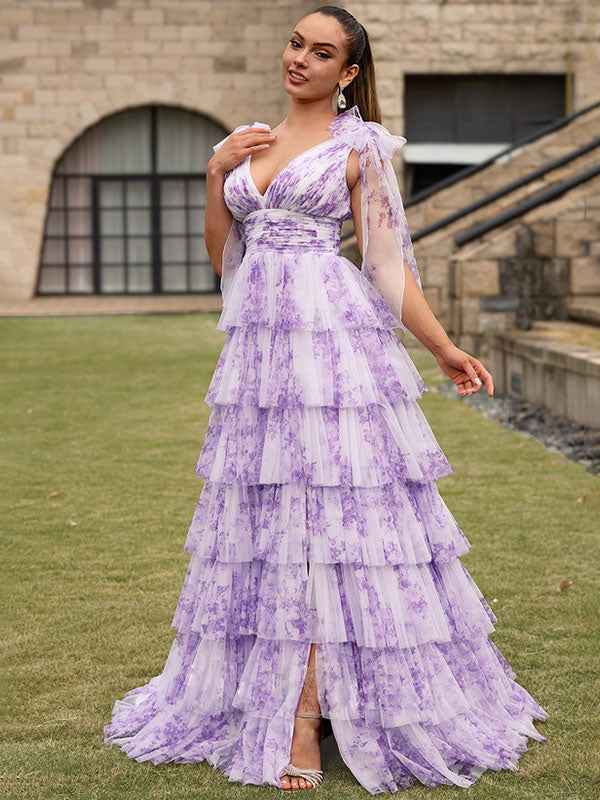Lavender Floral A Line V Neck Long Pleated Prom Dress With Slit
