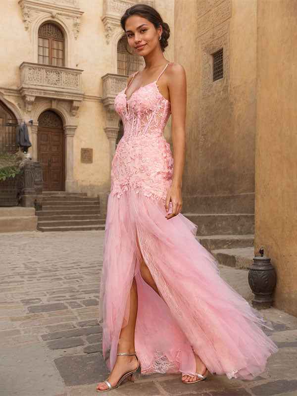 Pink V-Neck Corset Mermaid Prom Dress Beaded Flare