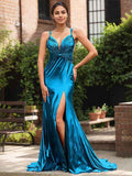 Metallic Mermaid Prom Dress Keyhole V Neck Ruched Back