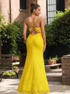 Radiant Daffodil Spaghetti Strap Sequin Gown With High Slit