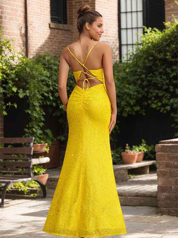 Radiant Daffodil Spaghetti Strap Sequin Gown With High Slit