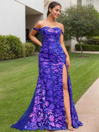 Royal Blue Sequined Off Shoulder Long Prom Dress With Slit
