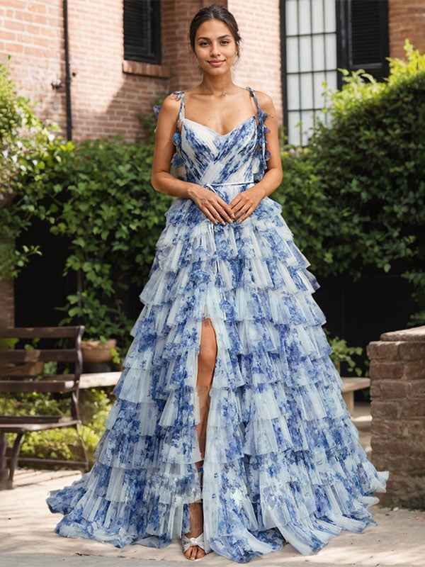 Blue Floral A Line V Neck Pleated Prom Dress With Slit And Tulle Layers