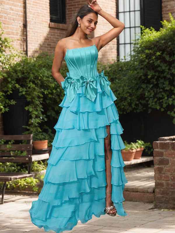Blue Strapless A Line Long Prom Dress With Pleated Bodice And Slit