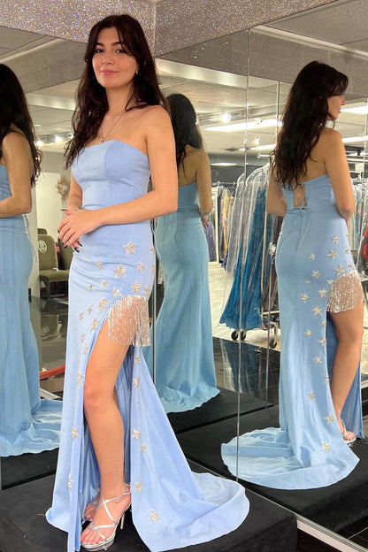 Roycebridal Collins | Vestido de fiesta de satén elástico, sin tirantes, con estrellas y flecos