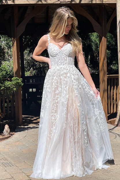 A-line Sweetheart Lace Tulle Prom Dress with Slit