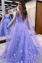 Floral Lace A-Line Prom Dress with Cape Sleeves