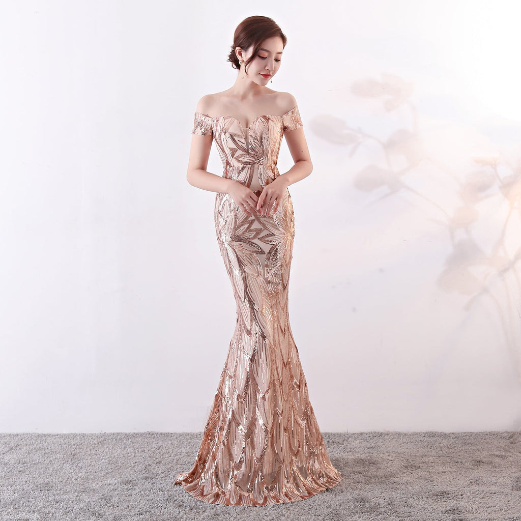 Off the Shoulder Sequined Evening Dress: Long Fish Tail, Slim Fit