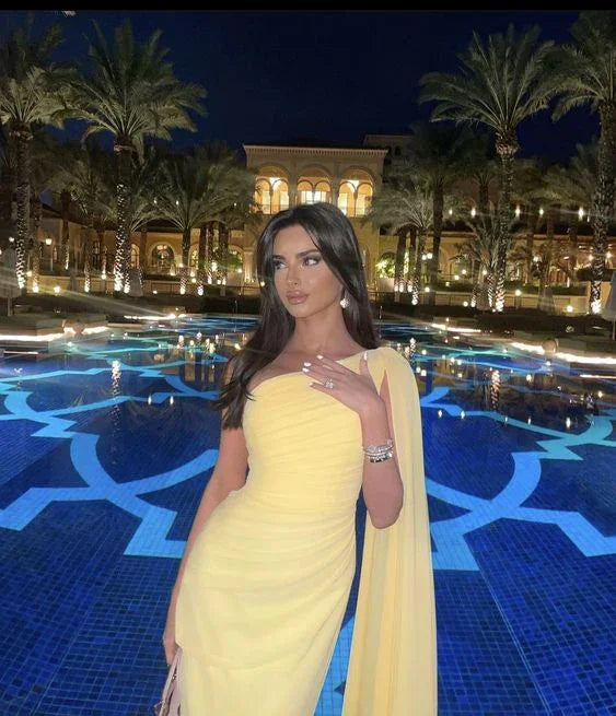 فستان سهرة طويل أنيق من الشيفون بكتف واحد أصفر Y7524