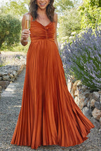 A Dreamy Escape Satin Adjustable Straps Pleated Maxi Dress