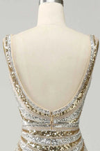 Sparkling Gold Sequined Mermaid Long Prom Dress With Deep V Neck