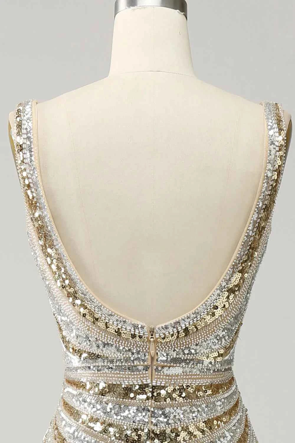 Sparkling Gold Sequined Mermaid Long Prom Dress With Deep V Neck