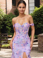 Purple Floral Mermaid Prom Dress Off Shoulder With Slit
