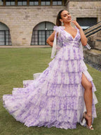 Lavender Floral A Line V Neck Long Pleated Prom Dress With Slit