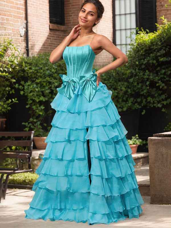 Blue Strapless A Line Long Prom Dress With Pleated Bodice And Slit