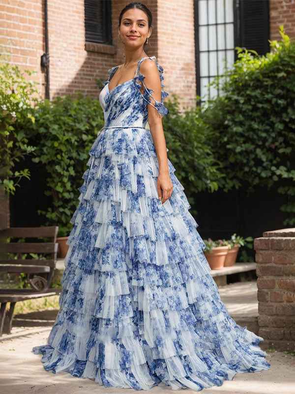 Blue Floral A Line V Neck Pleated Prom Dress With Slit And Tulle Layers