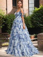 Blue Floral A Line V Neck Pleated Prom Dress With Slit And Tulle Layers
