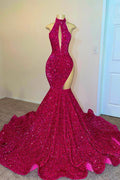 Fuchsia High Neck Halter Mermaid Long Prom Dress With Sequins