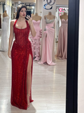 Sequin Halter Neck Long Mermaid Prom Dress With Split