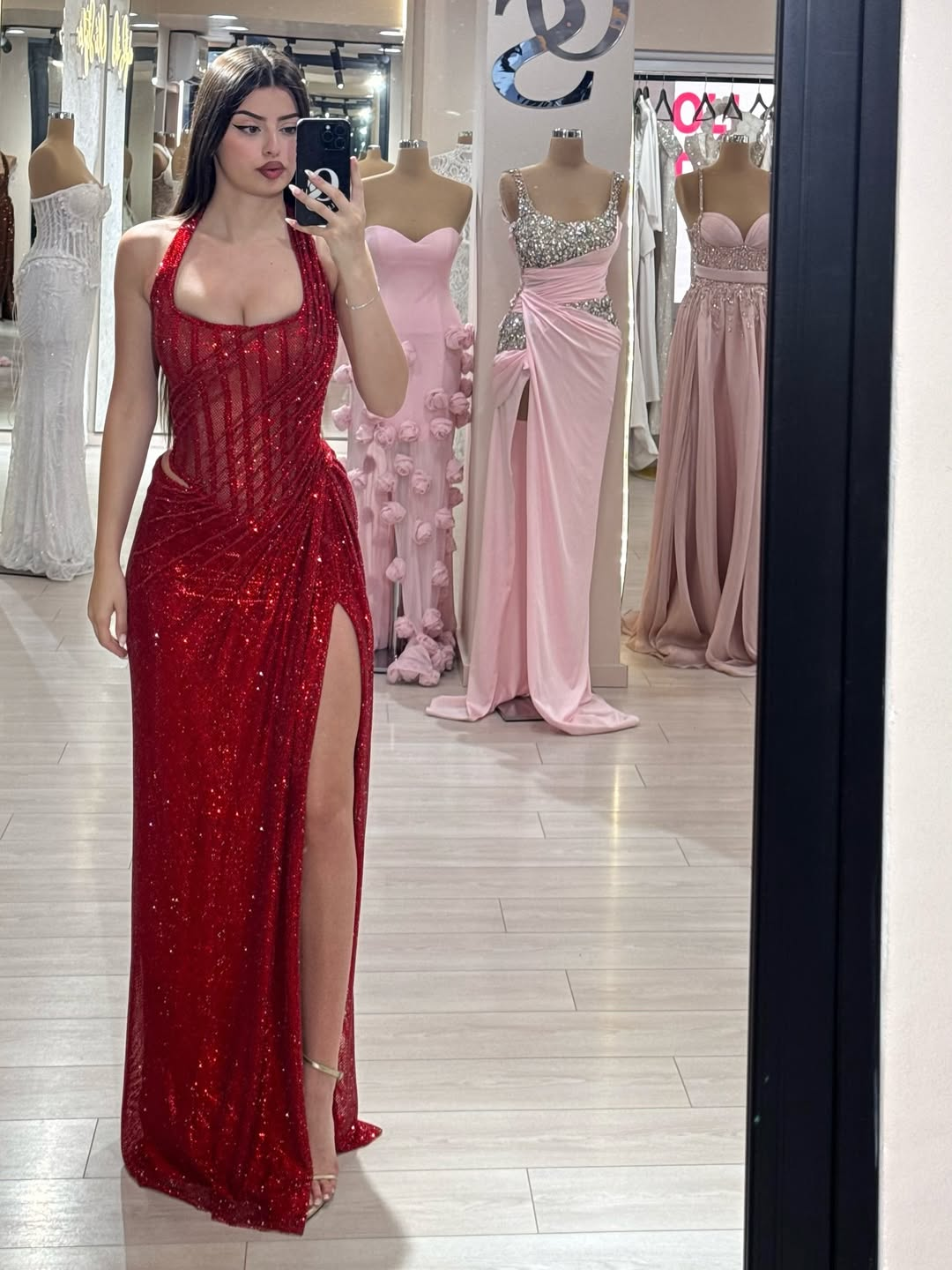 Sequin Halter Neck Long Mermaid Prom Dress With Split