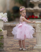 Pink Knee Length Flower Girl Tulle Dress With Scoop Neck And Floral Appliques
