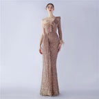 Craft Ostrich Feather Ruffled Side Slit High End Sequined Evening Dress