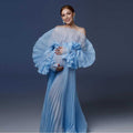 Elegant Blue Pleated Maternity Dresses for Photoshoot Puff Sleeves Sheer Organza Maternity Gown Photography Babyshower Dress