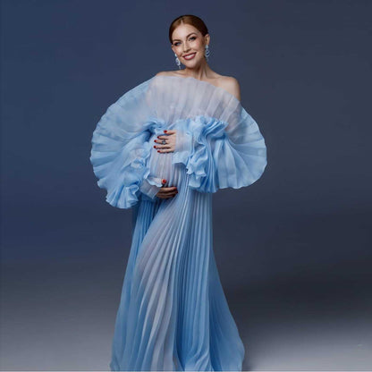 6113#Elegant Blue Pleated Maternity Dresses for Photoshoot Puff Sleeves Sheer Organza Maternity Gown Photography Babyshower Dress