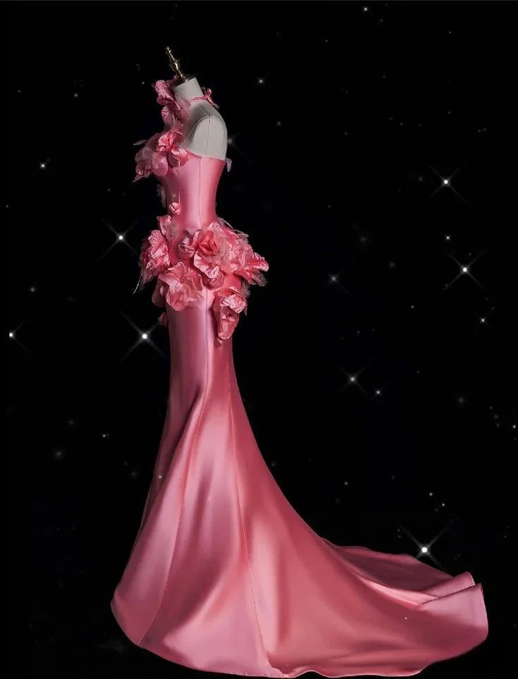 Vestido de Baile Longo de Sereia com Flores 3D em Cetim Rosa Bonito Y8339
