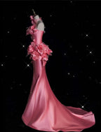 Vestido de Baile Longo de Sereia com Flores 3D em Cetim Rosa Bonito Y8339