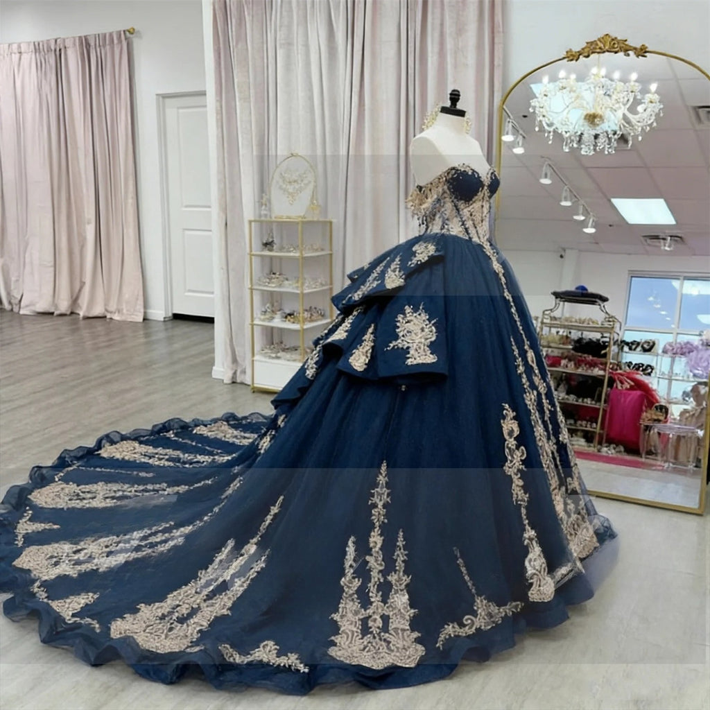 Luxury Navy Blue Cap Sleeve Gold Applique Ball Gown Sweep Train Women's Birthday Party Dress Prom 15 16 Quinceanera Customized