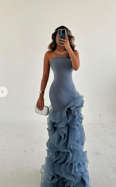 Strapless Mermaid Prom Dress With Tulle Ruffles Floor Length
