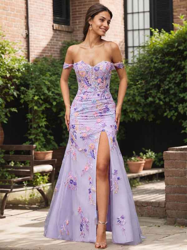 Purple Floral Mermaid Prom Dress Off Shoulder With Slit