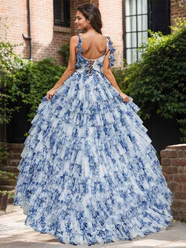 Blue Floral A Line V Neck Pleated Prom Dress With Slit And Tulle Layers